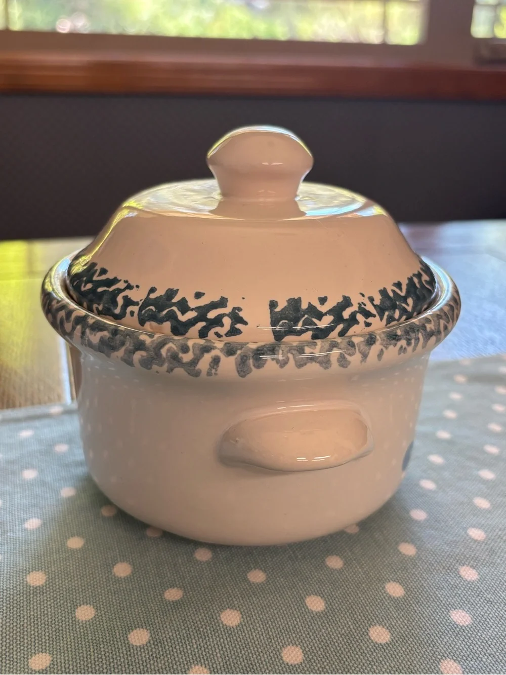 Blue Heart Sponge Pattern Crock with Lid County Kitchen Farmhouse Cottage Core